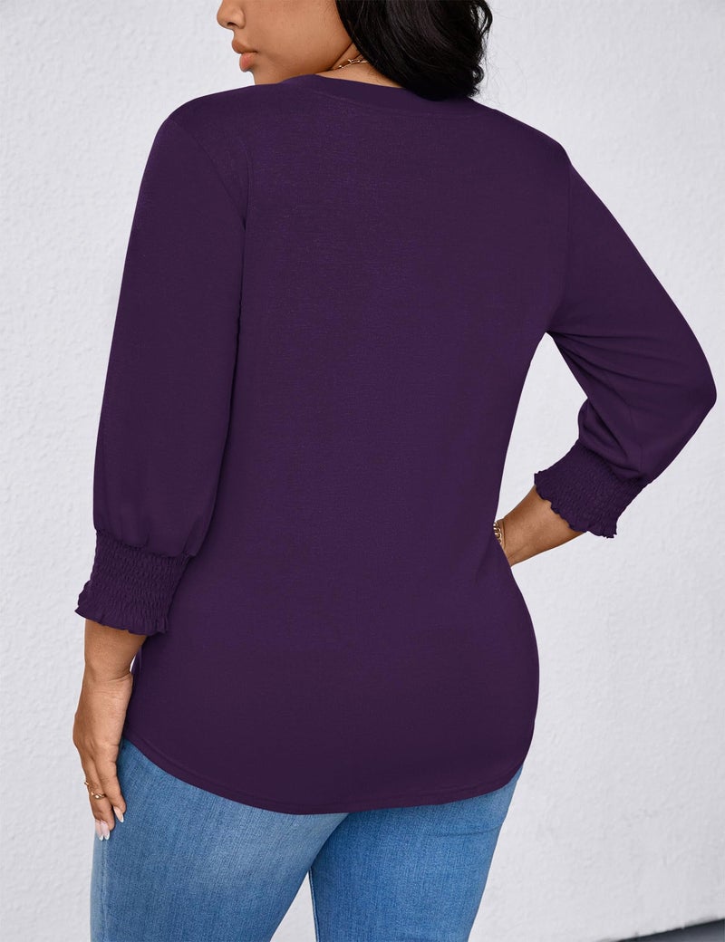 TFSDOD Plus Size Spring Clothes for Women Summer Blouses for Women 2026 3/4 Length Sleeve Womens Tops Casual V Neck Smocked Sleeve Dark Purple 3XL - Image 3