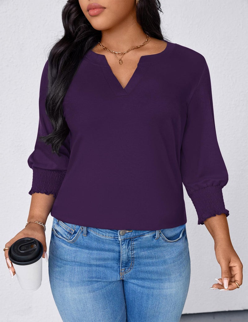 TFSDOD Plus Size Spring Clothes for Women Summer Blouses for Women 2026 3/4 Length Sleeve Womens Tops Casual V Neck Smocked Sleeve Dark Purple 3XL - Image 5