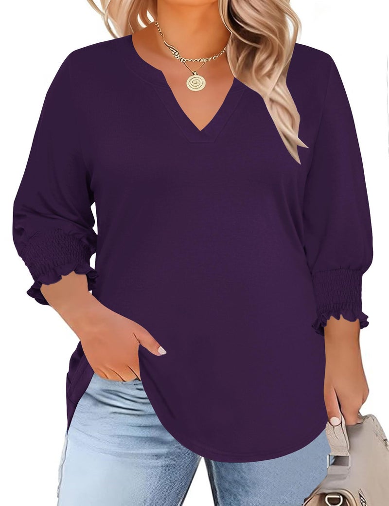TFSDOD Plus Size Spring Clothes for Women Summer Blouses for Women 2026 3/4 Length Sleeve Womens Tops Casual V Neck Smocked Sleeve Dark Purple 3XL - Image 1