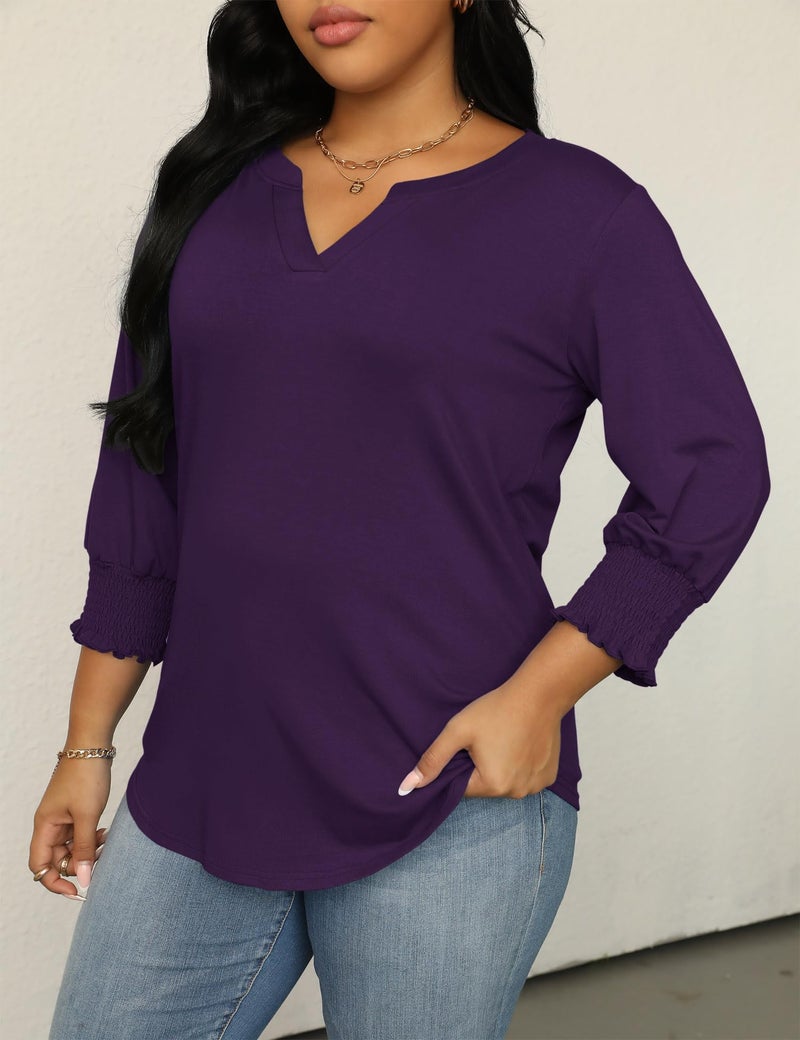 TFSDOD Plus Size Spring Clothes for Women Summer Blouses for Women 2026 3/4 Length Sleeve Womens Tops Casual V Neck Smocked Sleeve Dark Purple 3XL - Image 2