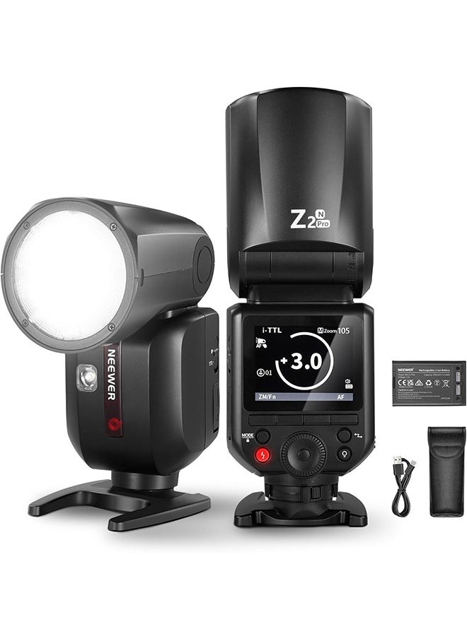 نيوير فلاش NEEWER Z2PRO-N 2.4G TTL برأس مستدير، متوافق مع نيكون، لاسلكي متوافق مع Godox، 76 واط/ثانية 1/8000 ثانية HSS، واجهة مستخدم مُحسّنة، مفتاح TTL/M TCM، بطارية 7.2 فولت/3000 مللي أمبير/ساعة، فلاش كامل الطاقة 600  - Image 1