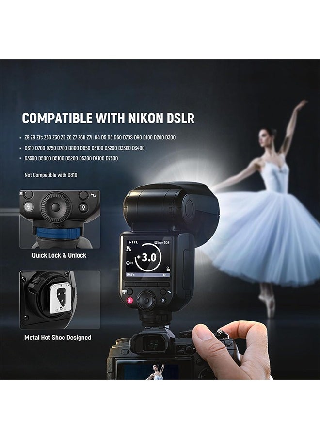 Neewer - NEEWER Z2PRO-N 2.4G TTL Round Head Flash Speedlite Compatible with Nikon, Wireless Compatible with Godox, 76Ws 1/8000s HSS, Upgraded UI, TTL/M TCM Switch, 7.2V/3000mAh Battery, 600 Full Power Flash - Image 1