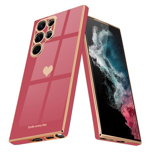 Teageo for Samsung Galaxy S22 Ultra 5G Case for Women Girl Cute Love-Heart Luxury Soft Back Cover Raised Full Camera Protection Bumper Silicone Shockproof Phone Case for Galaxy S22 Ultra, Bright Blush - Image 1