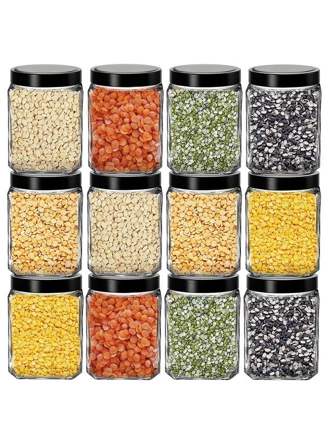 Brezzycloud Piraml Glass Cubical Square 600Ml Transparent Glass Jars & Containers For Kitchen With Black Plastic Lid (600Ml, Set Of 12) - Image 1