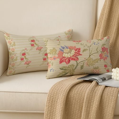 BRICK HOME Set of 2 Polycotton Printed Cushion Covers 12x18 Inches | Pastel Floral Pattern on Beige Stripes | Soft Fabric Decorative Pillow Covers for Sofa, Couch & Living Room - Image 2