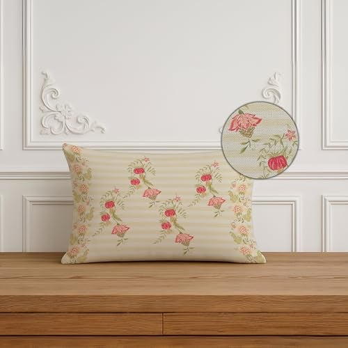 BRICK HOME Set of 2 Polycotton Printed Cushion Covers 12x18 Inches | Pastel Floral Pattern on Beige Stripes | Soft Fabric Decorative Pillow Covers for Sofa, Couch & Living Room - Image 3