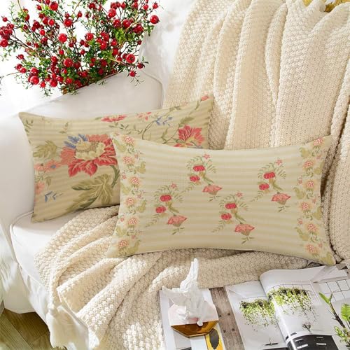 BRICK HOME Set of 2 Polycotton Printed Cushion Covers 12x18 Inches | Pastel Floral Pattern on Beige Stripes | Soft Fabric Decorative Pillow Covers for Sofa, Couch & Living Room - Image 1