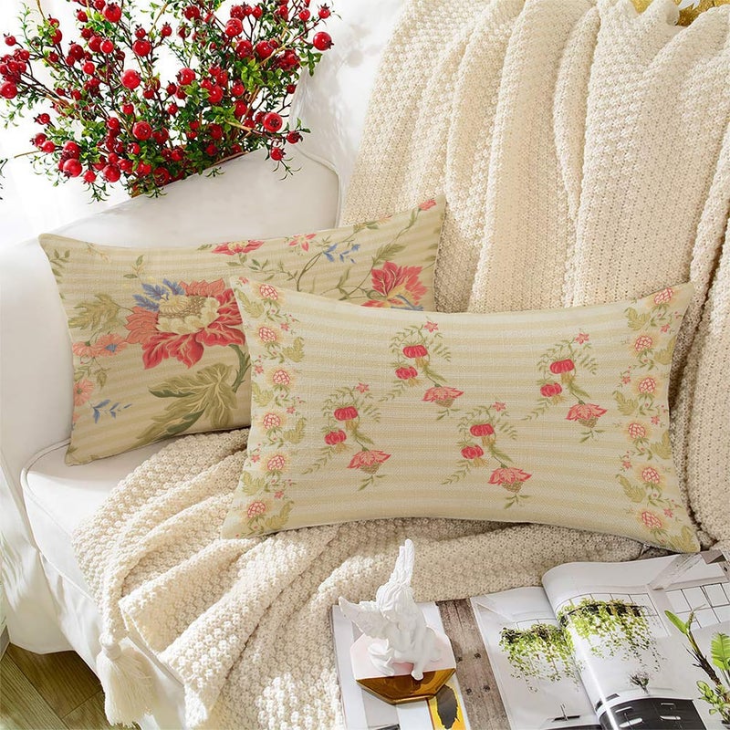 BRICK HOME Set of 2 Polycotton Printed Cushion Covers 12x18 Inches | Pastel Floral Pattern on Beige Stripes | Soft Fabric Decorative Pillow Covers for Sofa, Couch & Living Room - Image 5