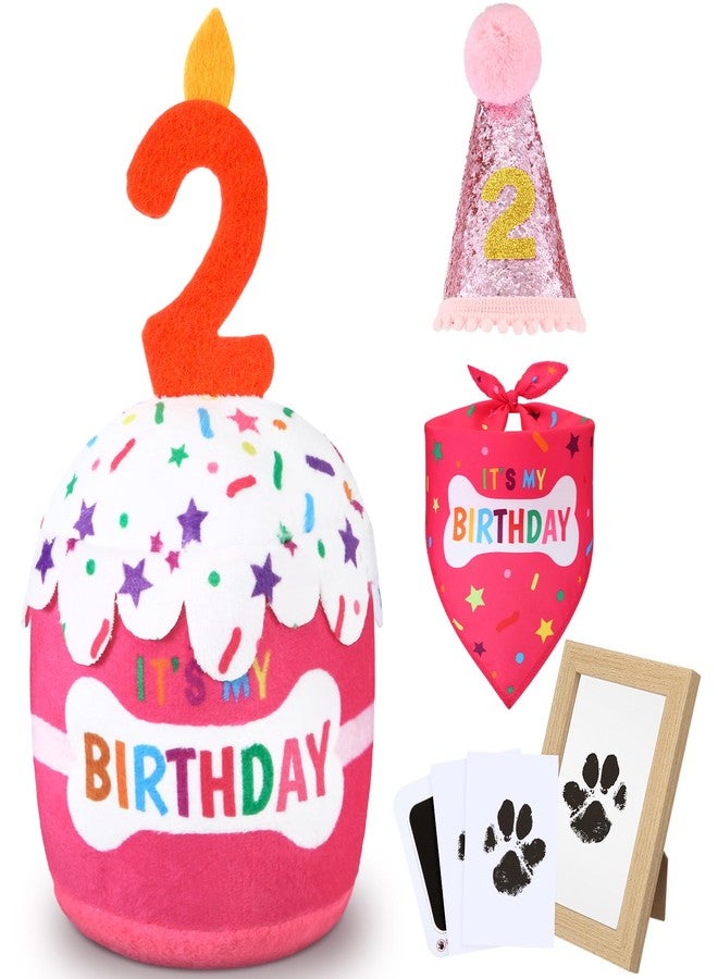 Cutecrop Dog 2nd Birthday Gifts Set, Dog Boy Girl Birthday Decorations, Pink Hat Bandana Squeaky Cake Toy Paw Print Kit for Small, Medium, Large Pets - Image 1
