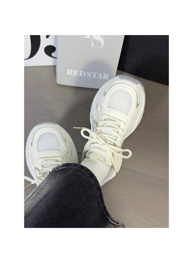 Humanity Renben Women's Breathable Mesh Dad Shoes New Casual Shoes Women Thick-soled Height-increasing Sports Shoes Women White Gray 37 - Image 1