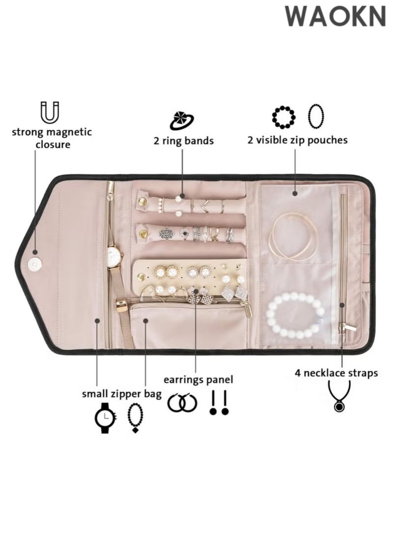 WAOKN Portable Jewelry Bag, Travel Jewelry Organizer, Fabric Jewelry Storage Pouch, Separate Compartments for Necklaces, Earrings, Bracelets, Rings, Foldable Easy Packing (Black) - Image 3