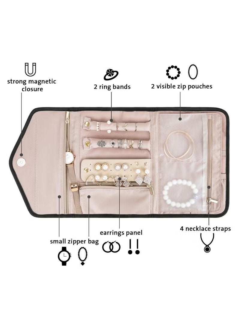 WAOKN Portable Jewelry Bag, Travel Jewelry Organizer, Fabric Jewelry Storage Pouch, Separate Compartments for Necklaces, Earrings, Bracelets, Rings, Foldable Easy Packing (Black) - Image 2