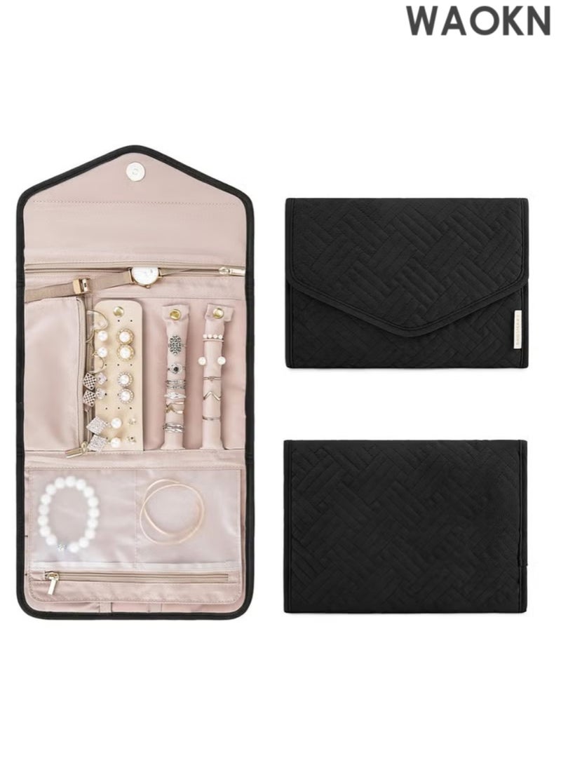 WAOKN Portable Jewelry Bag, Travel Jewelry Organizer, Fabric Jewelry Storage Pouch, Separate Compartments for Necklaces, Earrings, Bracelets, Rings, Foldable Easy Packing (Black) - Image 1