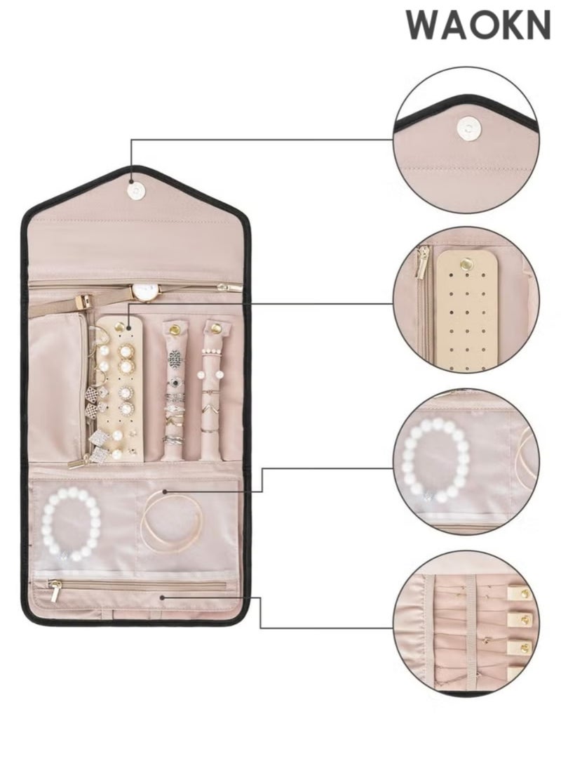 WAOKN Portable Jewelry Bag, Travel Jewelry Organizer, Fabric Jewelry Storage Pouch, Separate Compartments for Necklaces, Earrings, Bracelets, Rings, Foldable Easy Packing (Black) - Image 4