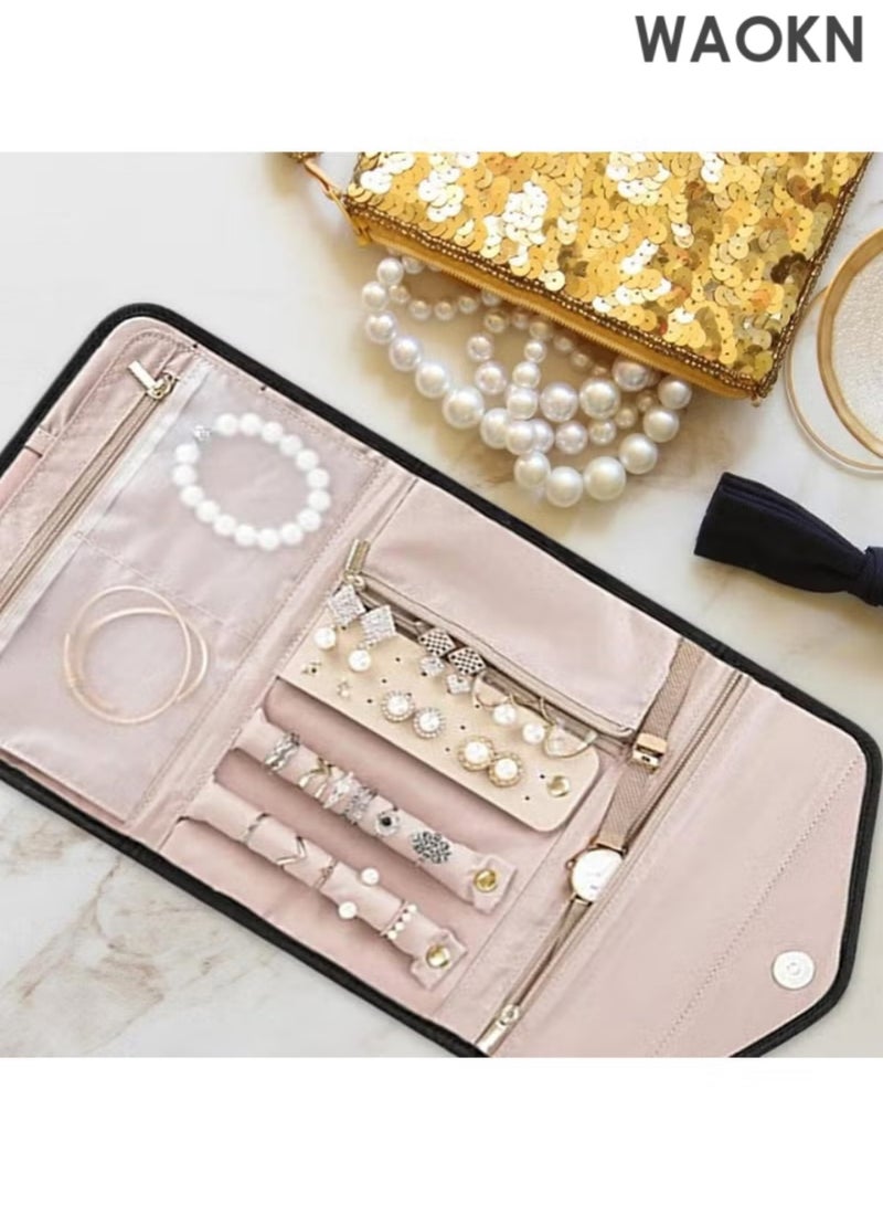 WAOKN Portable Jewelry Bag, Travel Jewelry Organizer, Fabric Jewelry Storage Pouch, Separate Compartments for Necklaces, Earrings, Bracelets, Rings, Foldable Easy Packing (Black) - Image 5