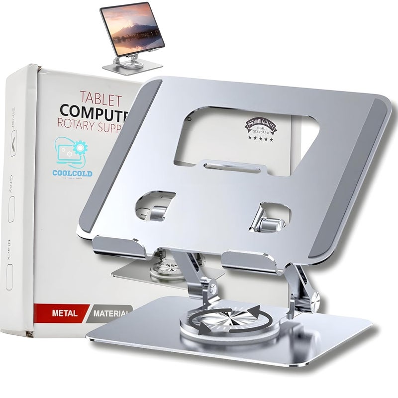 COOLCOLD Tablet Stand | 360° Rotating Adjustable Aluminum Foldable Holder for iPad, Tablets & Smartphones | Portable Desktop & Bed Stand for Home, Office, Table, Floor Use (Grey) - Image 1
