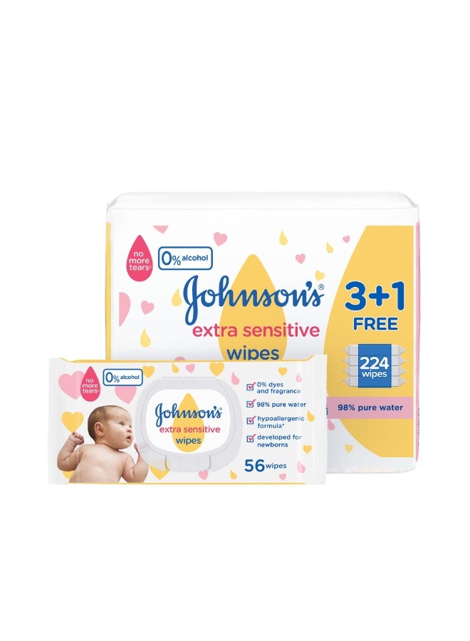 erorex Johnson's Extra Sensitive Baby Wipes 224 Wipes Gentle Cleansing with 98 Percent Pure Water Alcohol Free Fragrance Free and Hypoallergenic 3 plus 1 Pack - Image 1