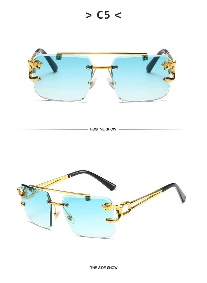 عام نظارات شمسية بدون إطار نظارات شمسية مربعة عصرية عدسات ملونة نظارات شمسية مزينة برأس فهد للرجال والنساء نظارات شمسية مستطيلة بدون إطار معدني Y2K UV400 - Image 2