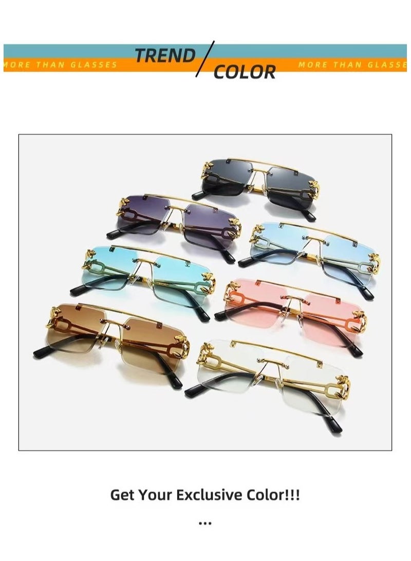 عام نظارات شمسية بدون إطار نظارات شمسية مربعة عصرية عدسات ملونة نظارات شمسية مزينة برأس فهد للرجال والنساء نظارات شمسية مستطيلة بدون إطار معدني Y2K UV400 - Image 4