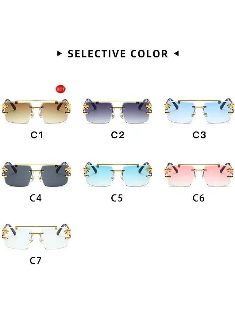 عام نظارات شمسية بدون إطار نظارات شمسية مربعة عصرية عدسات ملونة نظارات شمسية مزينة برأس فهد للرجال والنساء نظارات شمسية مستطيلة بدون إطار معدني Y2K UV400 - Image 5