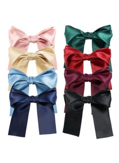 Lawie 8 Pack Bowknot Hair Accessories - 6 Inch Long Satin Barrettes, Big Bows For Girls And Women, Pink Red Blue Green Black Christmas Colors  - Image 1