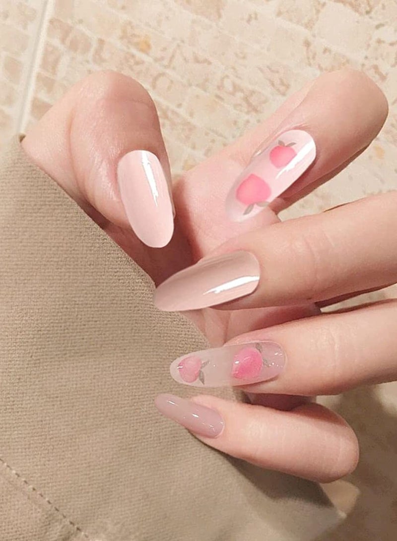 Glossy Nude Press on Nails Long Oval False Medium Length Nails Pink Peach Pattern Fake Nails Acrylic Full Cover Artificial Nail Tips for Women&Girls Manicure 24PCS - Image 4