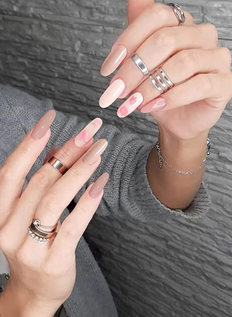 Glossy Nude Press on Nails Long Oval False Medium Length Nails Pink Peach Pattern Fake Nails Acrylic Full Cover Artificial Nail Tips for Women&Girls Manicure 24PCS - Image 3