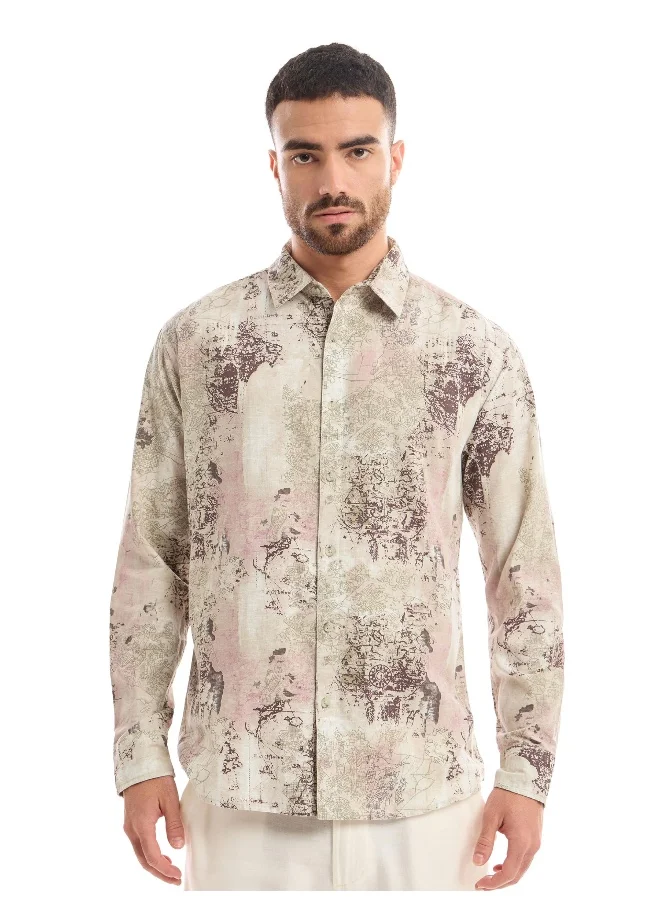 بيونغ White and Pink Printed Cotton Shirt for Men