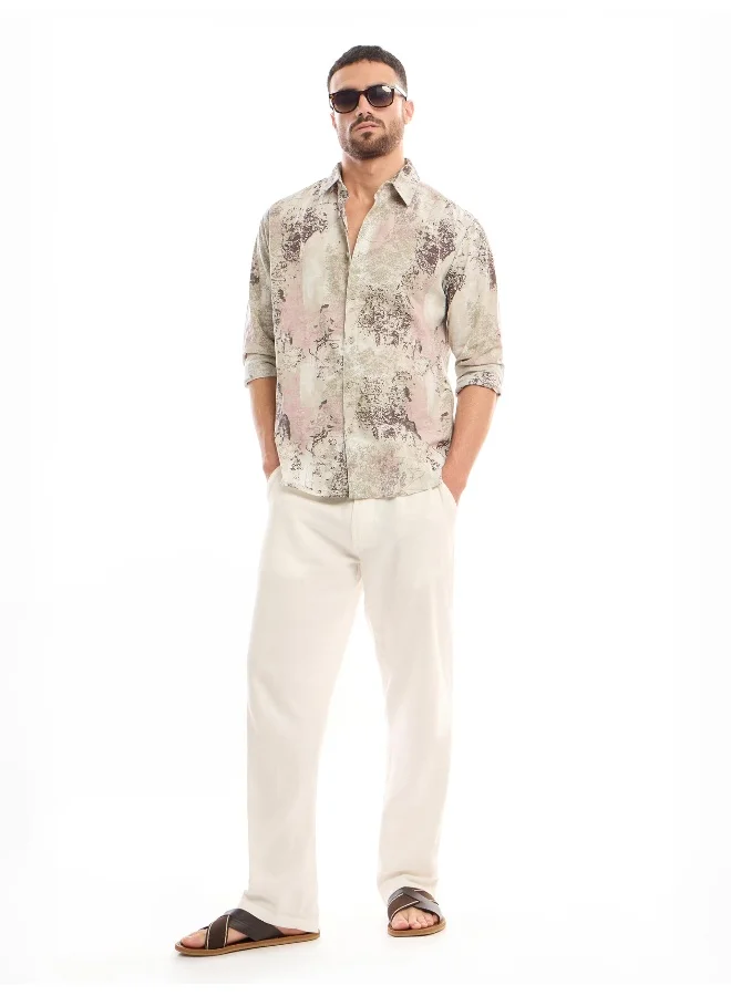 بيونغ White and Pink Printed Cotton Shirt for Men