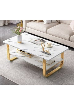NKX Two Tier Modern Glass Coffee Table with Gold Frame and Marble Design  - Image 5