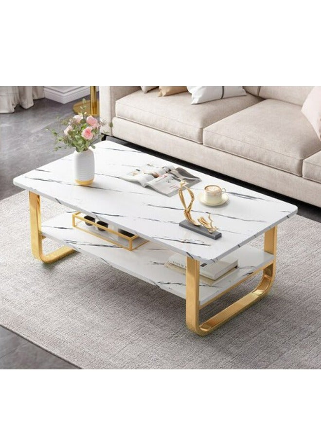 إن كي أكس طاولة قهوة زجاجية عصرية بطبقتين بإطار ذهبي وتصميم رخامي - Image 5