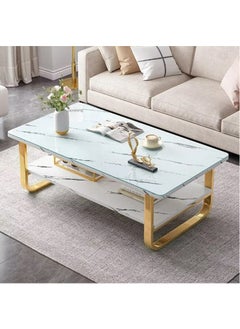 NKX Two Tier Modern Glass Coffee Table with Gold Frame and Marble Design  - Image 3