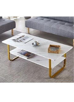 NKX Two Tier Modern Glass Coffee Table with Gold Frame and Marble Design  - Image 4