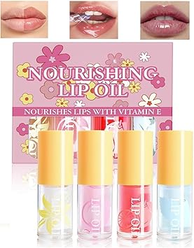 Hydrating Lip Oil Set 4 Pcs NonSticky High Shine Plumping Lip Gloss Lightweight Moisturizing Lip Oil for Dry Lips Fruity Lip Gloss Gift for Women Girls - Image 1