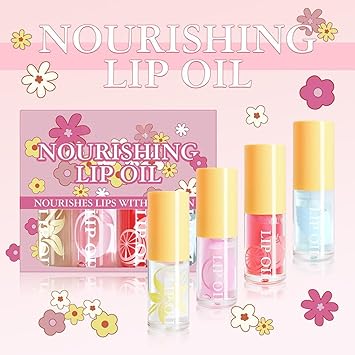 Hydrating Lip Oil Set 4 Pcs NonSticky High Shine Plumping Lip Gloss Lightweight Moisturizing Lip Oil for Dry Lips Fruity Lip Gloss Gift for Women Girls - Image 5