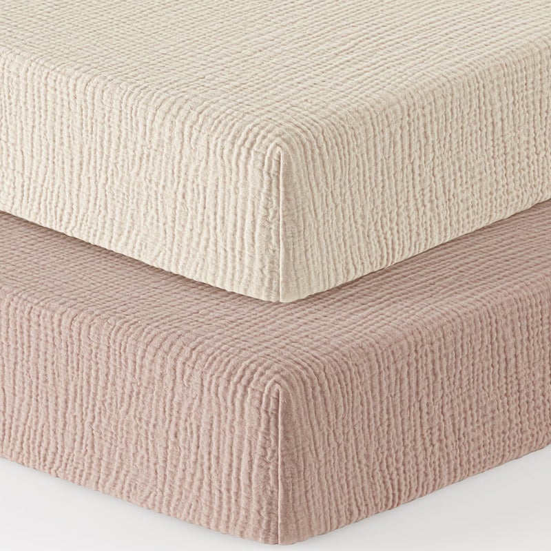 Bearmoss Muslin Mini Crib Sheets for Pack N Play Mattress 100 Cotton 38x26 Soft Breathable Playard Baby Crib Sheets Neutral for Boys Girls 2 Pack Baby Face - Image 2