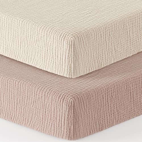 Bearmoss Muslin Mini Crib Sheets for Pack N Play Mattress 100 Cotton 38x26 Soft Breathable Playard Baby Crib Sheets Neutral for Boys Girls 2 Pack Baby Face - Image 1