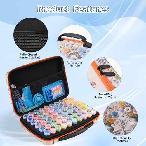 MERATIA 60 Slots Diamond Painting Storage Container, Diamond Art Kits for Adults Stackable Bead Organizer with Carrying Handle, Craft Storage Box with Accessories (Ceramic Garden-60 Slots) - Image 2