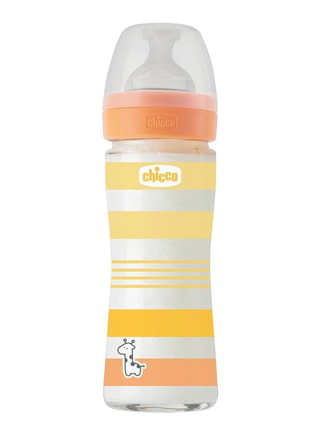 Chicco Well-Being Silicone Glass Feeding Bottle 240Ml, Slow Flow, 0M+, Yellow - Image 1