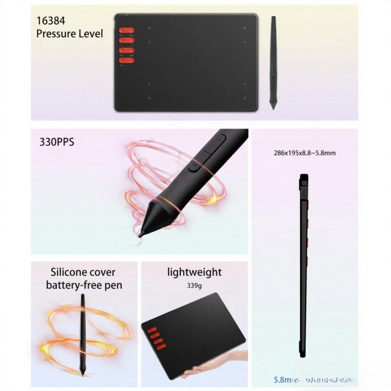 Vinsa Drawing Tablet: Black, 16384 Levels Pressure Sensitivity - Battery-Free Pen, Customizable Shortcuts, Ergonomic Slope Design for Digital Art, Teaching, Windows Mac Android Devices - Image 4