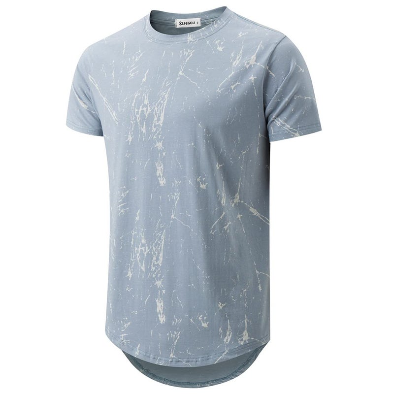 KLIEGOU Mens Hipster Hip Hop Ripped Round Hemline Pattern Print T Shirt 86 Blue2 L - Image 1