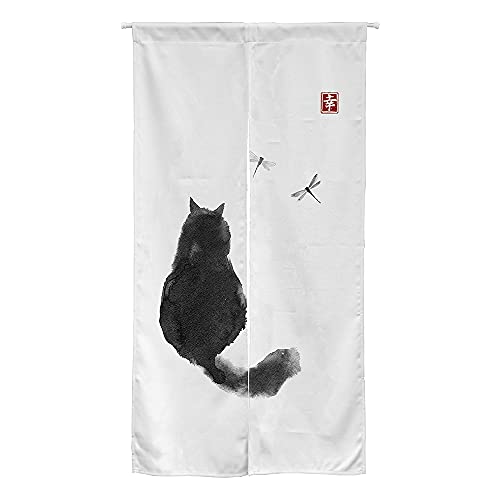 Ofat Home Design Japanese Ink Cat Black and White Noren Doorway Curtain Polyester Blend 33.5"x 59" Door Curtain for Kitchen Tapestry for Wall Hanging Decoration - Image 1