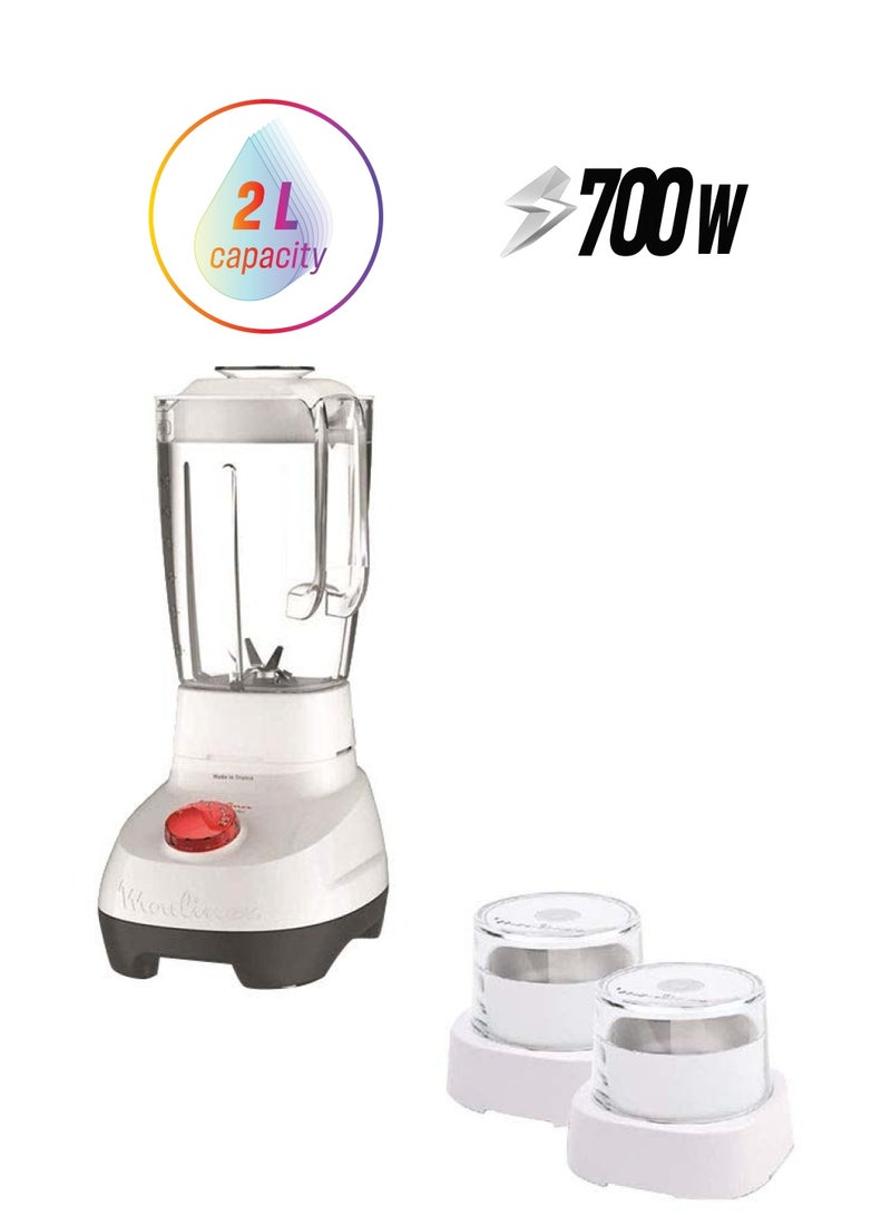 Moulinex Superblender Kitchen Blender, Large Capacity, 2 stainless Steel Accessories Grster and Grinder, 2 speeds, Pulse, 4 removable blades 2 L 700 W LM207127 White/Clear - Image 1