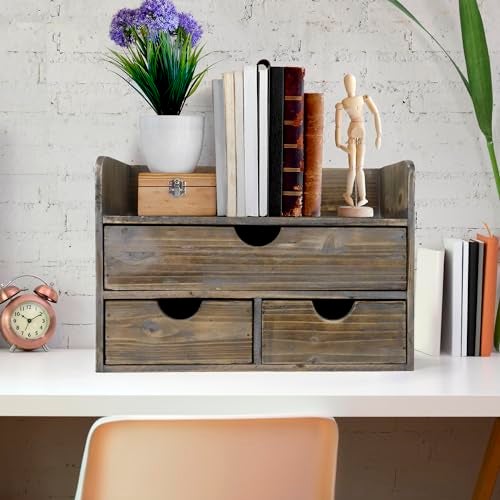 Besti Wooden Office Desk Organizer - Organizing Tool for Desktop, Cubicle, Bedroom, Kitchen - Vintage Style Organization Caddy with Top Tray Shelf & 3 Drawers - 13.6x9x7 Inches (Rustic) - Image 5