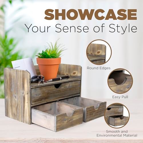 Besti Wooden Office Desk Organizer - Organizing Tool for Desktop, Cubicle, Bedroom, Kitchen - Vintage Style Organization Caddy with Top Tray Shelf & 3 Drawers - 13.6x9x7 Inches (Rustic) - Image 3