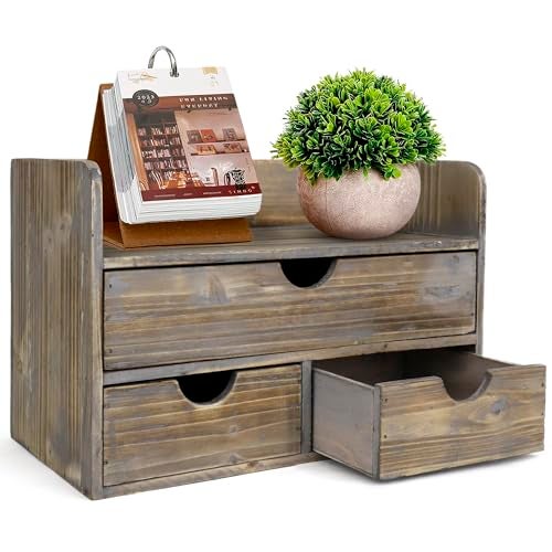 Besti Wooden Office Desk Organizer - Organizing Tool for Desktop, Cubicle, Bedroom, Kitchen - Vintage Style Organization Caddy with Top Tray Shelf & 3 Drawers - 13.6x9x7 Inches (Rustic) - Image 1