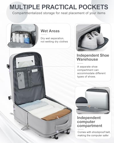 coowoz Large Travel Backpack Carry On for Women Man Gym Backpacks with Laptop Compartment Mochila de Viaje Teacher Personal Item Backpack Rucksack Airplane Accessories Must Haves Grey - Image 4