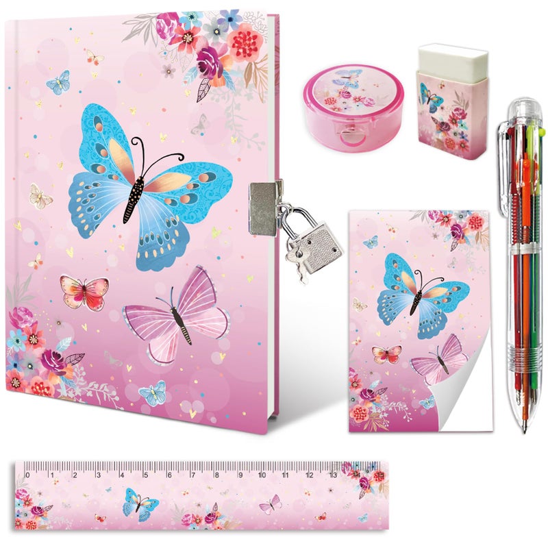 GINMLYDA Girls Diary with Lock Butterfly Secret Diary Set Incl Kids Lockable Journal Memo 6Multicolor Pen Ruler Eraser Sharpener Writing Notebook Gift for Girls 610 - Image 3
