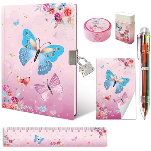 GINMLYDA Girls Diary with Lock Butterfly Secret Diary Set Incl Kids Lockable Journal Memo 6Multicolor Pen Ruler Eraser Sharpener Writing Notebook Gift for Girls 610 - Image 1