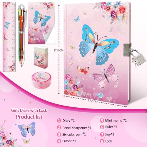 GINMLYDA Girls Diary with Lock Butterfly Secret Diary Set Incl Kids Lockable Journal Memo 6Multicolor Pen Ruler Eraser Sharpener Writing Notebook Gift for Girls 610 - Image 5